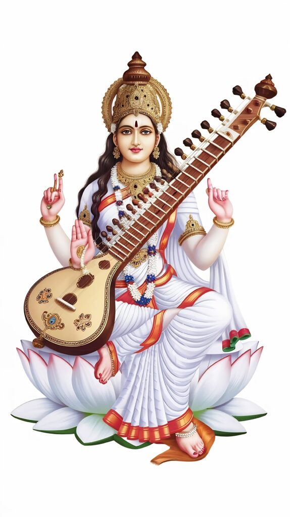 hindu-goddess-saraswati-mata-with-her-sitar-white-background
